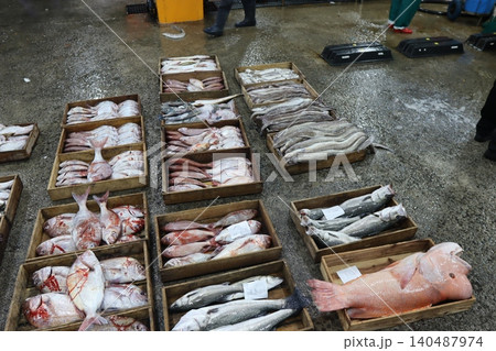 Fresh Fish Market Display with Various Seafood Fresh Fish Market Display with Various Seafood 140487974