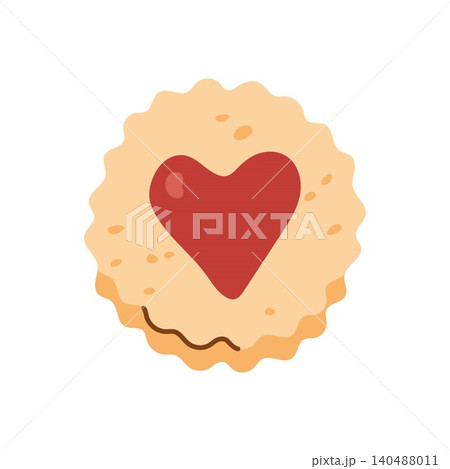 Round linzer cookie with heart shaped jam filling center Round linzer cookie with heart shaped jam filling center 140488011