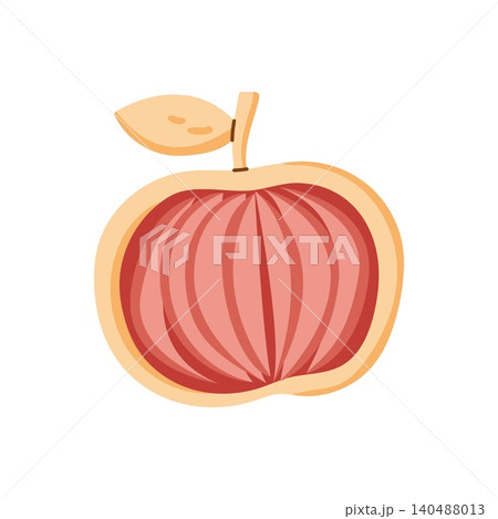 Half of fresh red apple fruit with stem and leaf Half of fresh red apple fruit with stem and leaf 140488013