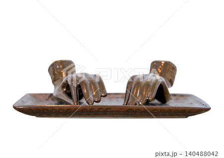 Ceramic Hands Sculpture Isolated, Bronze Hand Figurine White Background, Luxury Copper Home Decor Element Ceramic Hands Sculpture Isolated, Bronze Hand Figurine White Background, Luxury Copper Home Decor Element 140488042