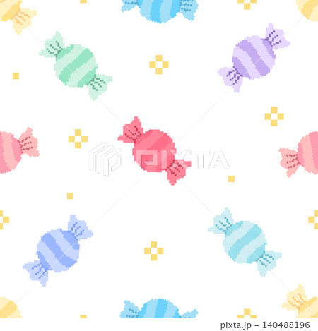 Pastel Pixel Candy Seamless Pattern Background with Cute Retro Sweet Wrappers 140488196