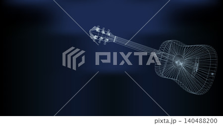 Wireframe acoustic guitar rendered digitally against a deep blue background with glowing lines Wireframe acoustic guitar rendered digitally against a deep blue background with glowing lines 140488200