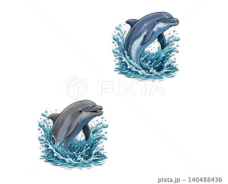 Vsai bottlenose dolphins leaping from ocean waves splashing water 140488436