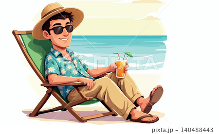 Vsai man relaxing on beach with drink enjoying summer vacation 140488443
