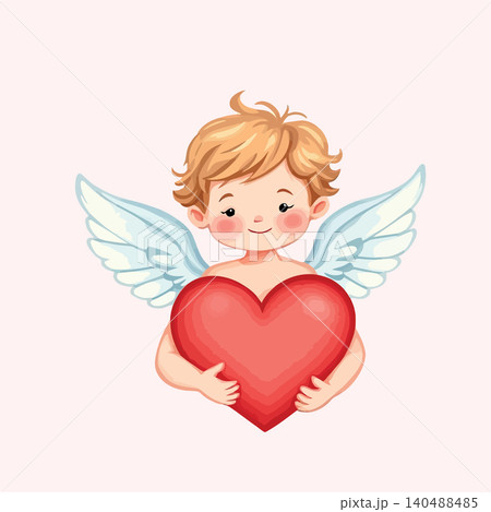 Vsai cute cherub angel with wings holding a loving red heart Vsai cute cherub angel with wings holding a loving red heart 140488485