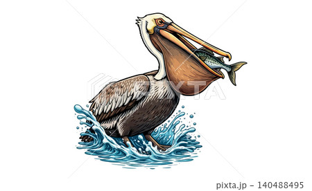 Vsai pelican catching fish creating water splash illustration 140488495