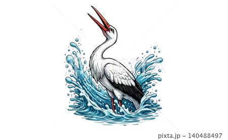 Vsai stork splashing water with beak open calling 140488497