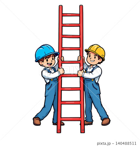 Vsai builders working together holding construction ladder concept 140488511