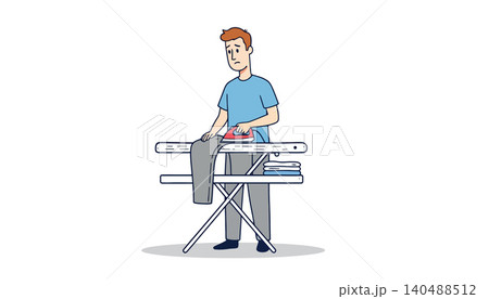 Vsai man doing laundry ironing clothes looking bored Vsai man doing laundry ironing clothes looking bored 140488512