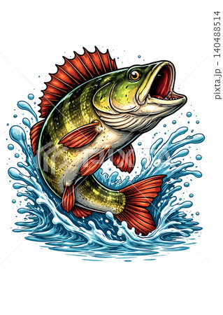 Vsai perch fish jumping out of water splash illustration Vsai perch fish jumping out of water splash illustration 140488514