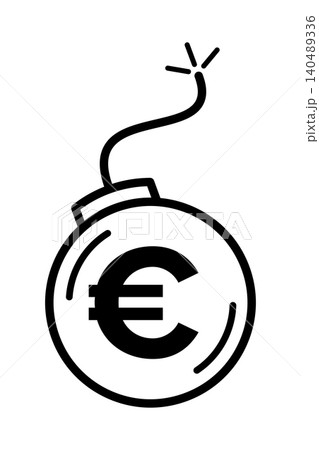 Euro debt, a ticking time bomb. Symbol of a money bomb. Euro sign inside bomb with burning fuse. Warning of financial explosion through hyperinflation and European debt crisis of the eurozone. Vector 140489336