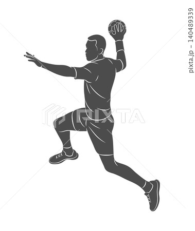 A man handball player throws a ball in a dynamic jump 140489339