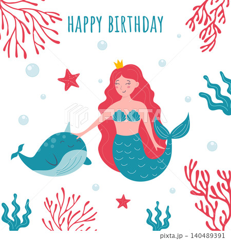 Happy birthday greeting card with cute mermaid and narwhal Happy birthday greeting card with cute mermaid and narwhal 140489391