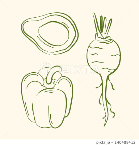 Hand-drawn vegetables, avocado, bell pepper, radish in line art for grocery shop, farmer market, summer packaging, ingredients 140489412