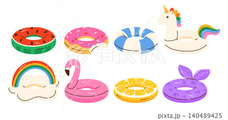 Cute inflatable pool rings set. Swimming float rings in various shapes: watermelon, donut, striped, unicorn, rainbow, flamingo, lemon, mermaid. Isolated vector illustration in cartoon style Cute inflatable pool rings set. Swimming float rings in various shapes: watermelon, donut, striped, unicorn, rainbow, flamingo, lemon, mermaid. Isolated vector illustration in cartoon style 140489425