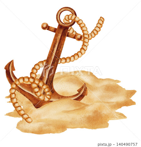 Watercolor illustration of an old rusty ship's anchor with a thick nautical rope in the sand. Children's, nautical, and travel themes. Suitable for design, prints, postcards, and sea travel. Watercolor illustration of an old rusty ship's anchor with a thick nautical rope in the sand. Children's, nautical, and travel themes. Suitable for design, prints, postcards, and sea travel. 140490757