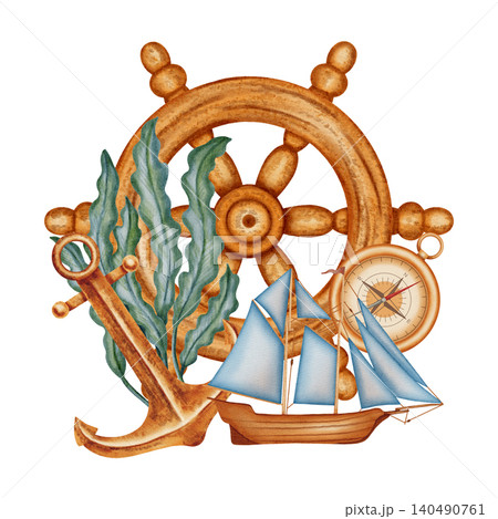 Watercolor illustration of Marine composition with lighthouse, sailing boat, anchor, ship wheel surrounded. Bright illustrations, suitable for cheerful summer designs, textiles. Print for children's 140490761