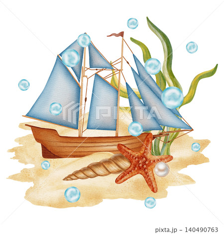 Watercolor illustration of a sailing vessel on a sandy shore with starfish, seashell and seaweed. Children's, nautical, travel themes. Suitable for design, prints, postcards, sea travel Watercolor illustration of a sailing vessel on a sandy shore with starfish, seashell and seaweed. Children's, nautical, travel themes. Suitable for design, prints, postcards, sea travel 140490763