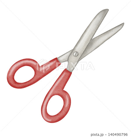 Watercolor illustration of scissors with classic red handles. Ideal for educational banners, fall posters, back to school promotions, and textbooks. Watercolor illustration of scissors with classic red handles. Ideal for educational banners, fall posters, back to school promotions, and textbooks. 140490796