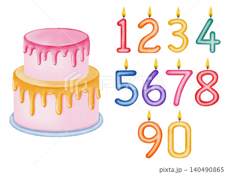 Watercolor illustration birthday cake and colorful number candles set from 0 to 9. Hand drawn festive confectionery for birthdays, anniversaries, party invitations, children's design, card making Watercolor illustration birthday cake and colorful number candles set from 0 to 9. Hand drawn festive confectionery for birthdays, anniversaries, party invitations, children's design, card making 140490865