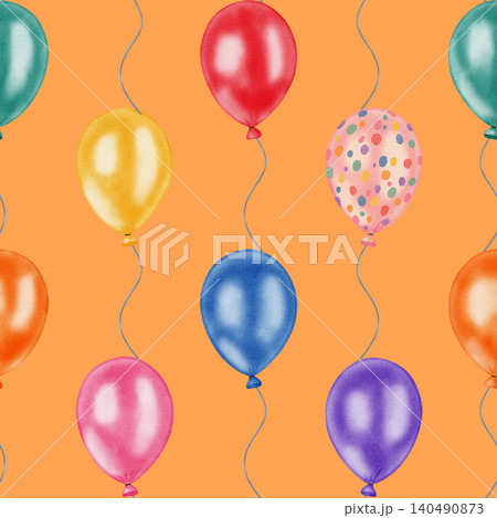Watercolor seamless pattern with colorful helium balloons on strings. Hand drawn bright background for birthday party, baby shower and kids holiday decor, card making. 140490873