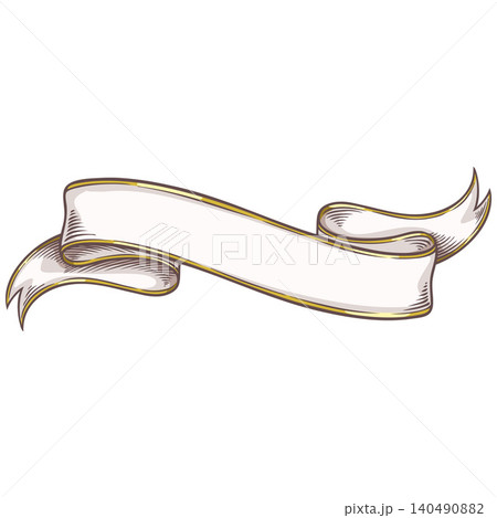 Ribbon banner vector sketch, vintage title ribbon, hand drawn curly headline frame with golden stripes and forked ends Ribbon banner vector sketch, vintage title ribbon, hand drawn curly headline frame with golden stripes and forked ends 140490882