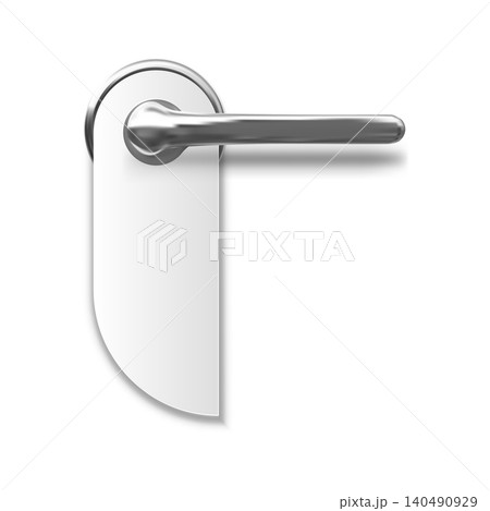 A metal, silver door handle with a blank, white hanger sign. 140490929