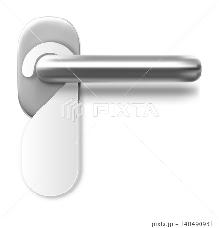 3D realistic silver door handle with hanger vector icon, hotel door steel fixtures with knob and privacy hanging tag 140490931