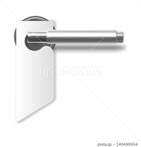 3D realistic silver door handle with hanger vector icon, hotel door fixtures with chrome knob and privacy hanging tag 3D realistic silver door handle with hanger vector icon, hotel door fixtures with chrome knob and privacy hanging tag 140490934