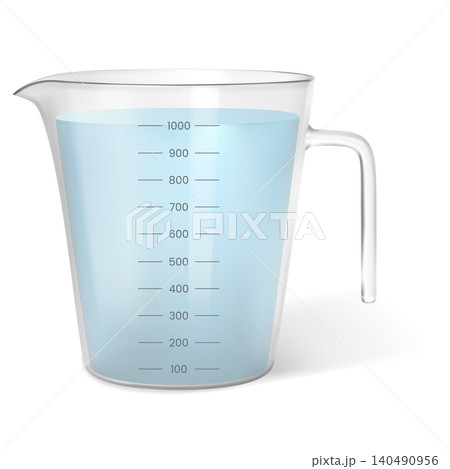 A realistic measuring cup with a blue liquid up to the 1000 ml mark. 140490956