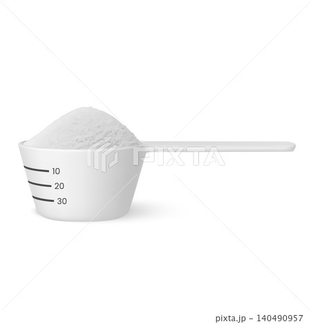 Realistic measuring spoon filled powder 30 ml, 3D scoop container with measure scale, white plastic measuring capacity 140490957