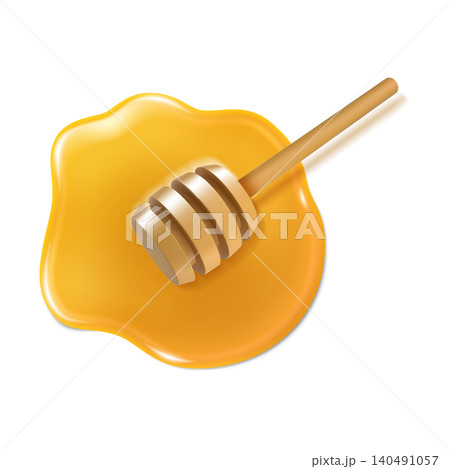 A wooden spindle spoon in a pool of golden honey. Natural sweets. 140491057