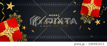 christmas banner with ornamental gold elements and confetti christmas banner with ornamental gold elements and confetti 140491411
