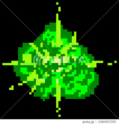 A pixelated, bright green explosion or magical flash in a retro 8-bit style on a black background. A pixelated, bright green explosion or magical flash in a retro 8-bit style on a black background. 140491595