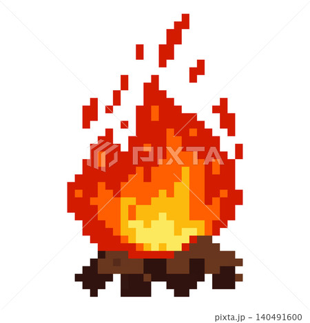 A pixelated burning campfire with wood and flying sparks in a retro 8-bit style. 140491600
