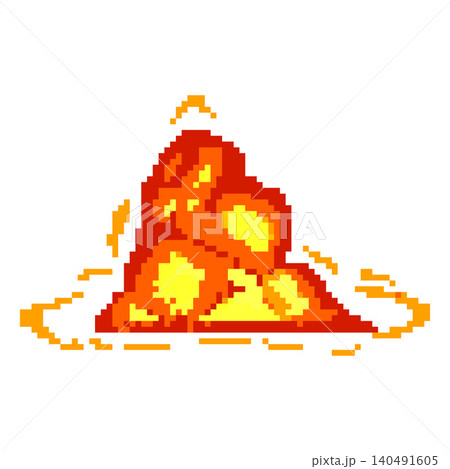 Bomb explosion, detonated boom flash pixel art, vector cartoon 8 bit video game burning fire blast with red flame 140491605