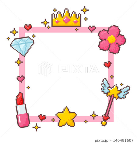 Girly pixel art frame, vector retro 8 bit square border with stars and hearts, crown and flower, lipstick, magic wand Girly pixel art frame, vector retro 8 bit square border with stars and hearts, crown and flower, lipstick, magic wand 140491607