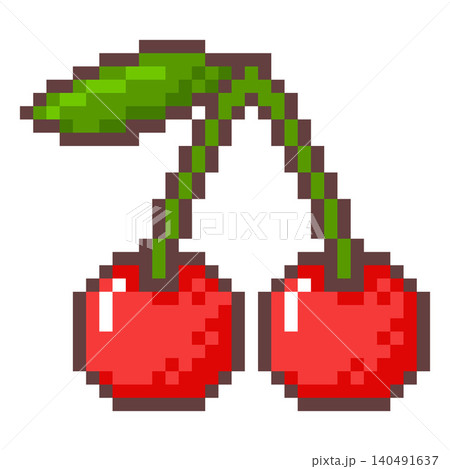 Cherry berries on stem with leaf pixel art vector icon, retro 8 bit video game cartoon fresh ripe farm red fruits Cherry berries on stem with leaf pixel art vector icon, retro 8 bit video game cartoon fresh ripe farm red fruits 140491637