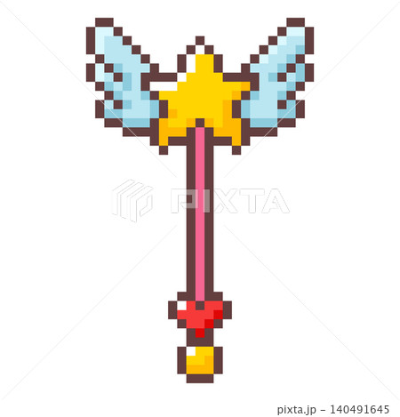 Magic wand pixel art vector icon, retro 8 bit video game kids fairy toy, cartoon wizard tool with star, heart and wings 140491645