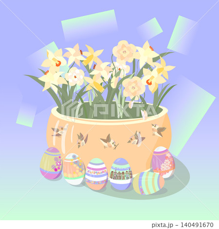 Easter greeting card with a bouquet of daffodils and Easter eggs Easter greeting card with a bouquet of daffodils and Easter eggs 140491670