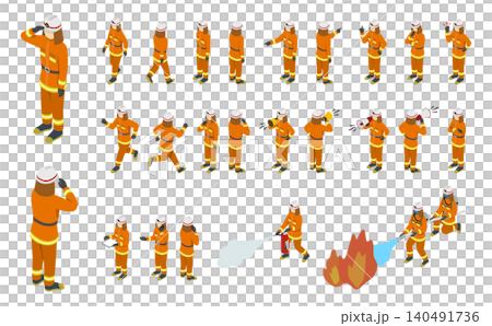 Isometric illustration: Set of firefighters in fire suits Isometric illustration: Set of firefighters in fire suits 140491736