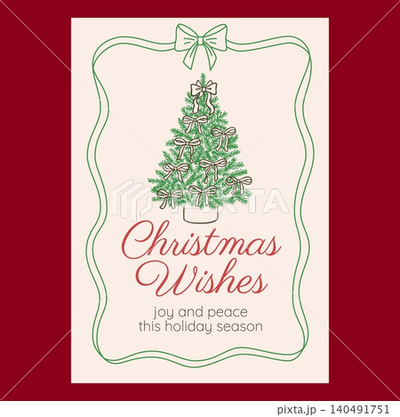 Christmas wishes vector poster line art design, winter holiday Christmas tree and lettering doodle ribbon frame with bow Christmas wishes vector poster line art design, winter holiday Christmas tree and lettering doodle ribbon frame with bow 140491751