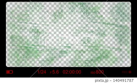 Green cinematic camera overlay with battery icon, lens settings, REC mark, and textured frame isolated for filmmaking, editing, and video production use. 140491787