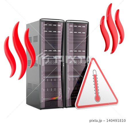 Server overheating warning with temperature alert sign, 3d rendering 140491810