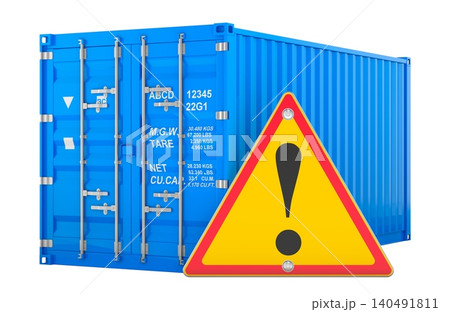Shipping container with warning sign for logistics alert. 3D rendering Shipping container with warning sign for logistics alert. 3D rendering 140491811