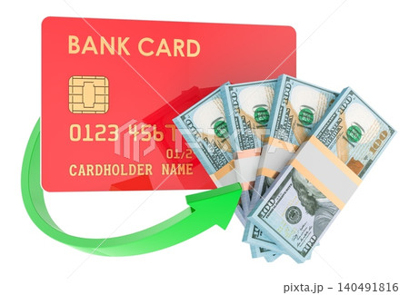 Bank card with dollar bills and green arrow showing money transfer or cash back, 3d rendering 140491816