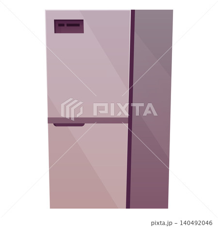 Modern gray double-door refrigerator with a digital display on the top door. 140492046