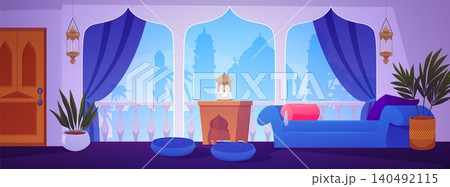 Arabic interior, living room in oriental style with sofa, table, pillows, arch windows and lanterns, vector Arab house 140492115