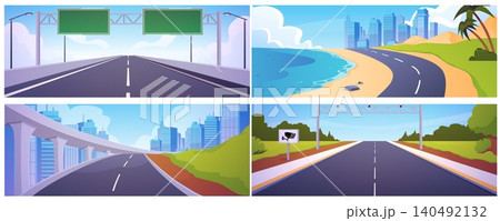 Highway with traffic sign vector flat illustrations set, urban road infrastructure, empty vehicle transport asphalt road 140492132