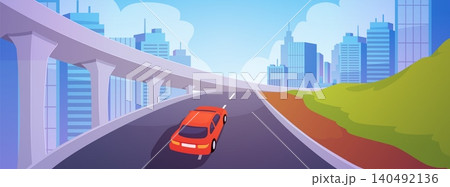 Highway overpass and cityscape with skyscrapers buildings, vector red car is driving on the urban road infrastructure 140492136